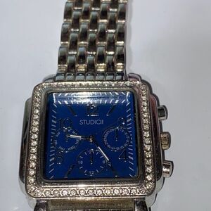 Studio Time Women's Silver Tone Rhinestone Bezel Chronograph Quartz Watch OS